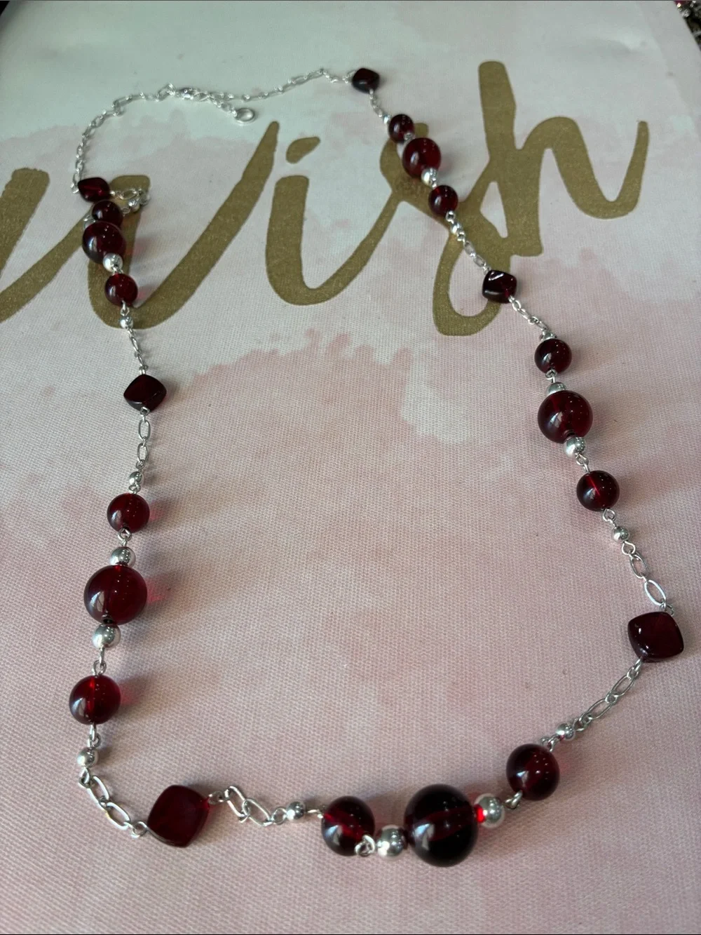 Silver Chain Necklace with Deep Red Beads - Elegant Women's Jewelry